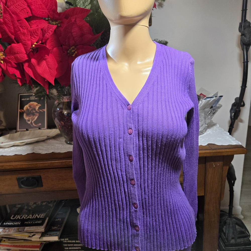 Express Purple Ribbed V-Neck Cardigan